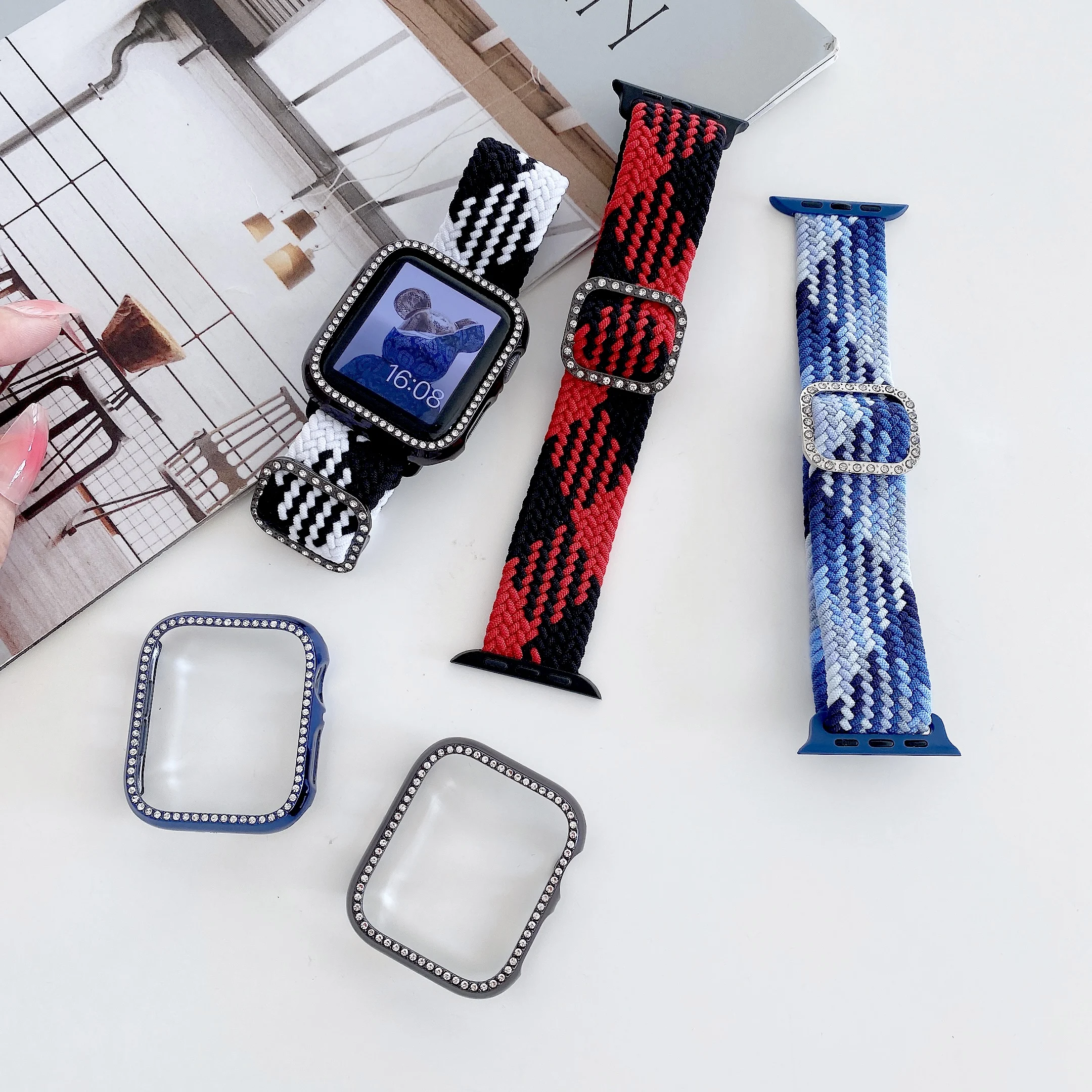 

BOORUI elastic diamond luxury fashion high quality strap 40mm 44mm for apple watch nylon band
