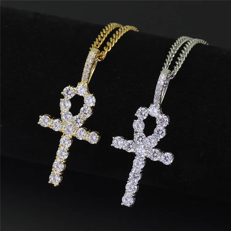 

Hot Sale 18K Gold Plated Cubic Zirconia Hips Hop Crystal Egypt Ankh Cross Pendant Necklace