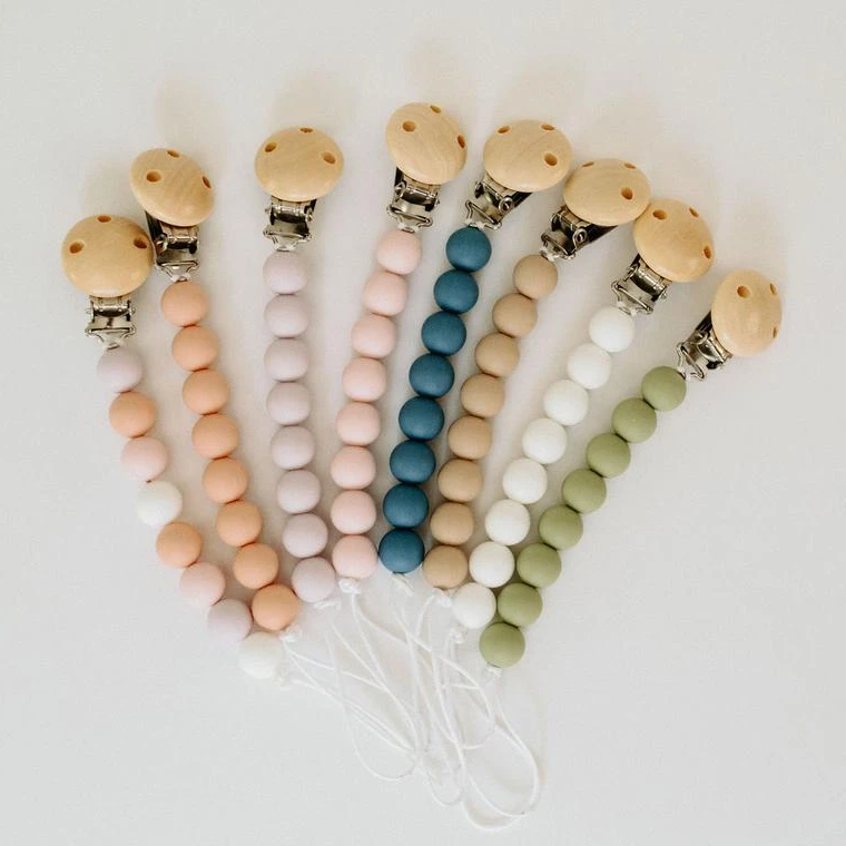 

Dummy Clips Baby Pacifier Chain Silicone Beads Teething Toys Wood Soother Pacifier Holder Clip