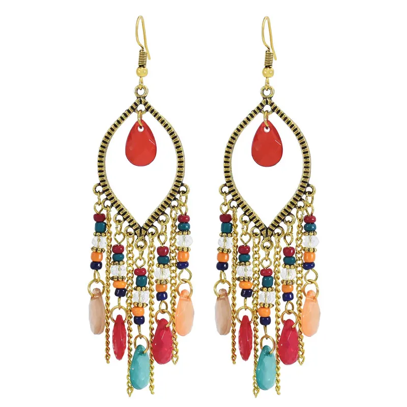 

Vintage Fashion Bohemian Personality Beaded Tassel Exaggerated Crystal Teardrop Earrings For Woman Girls Party Jewelry, White,black,red,pink,green,colorful