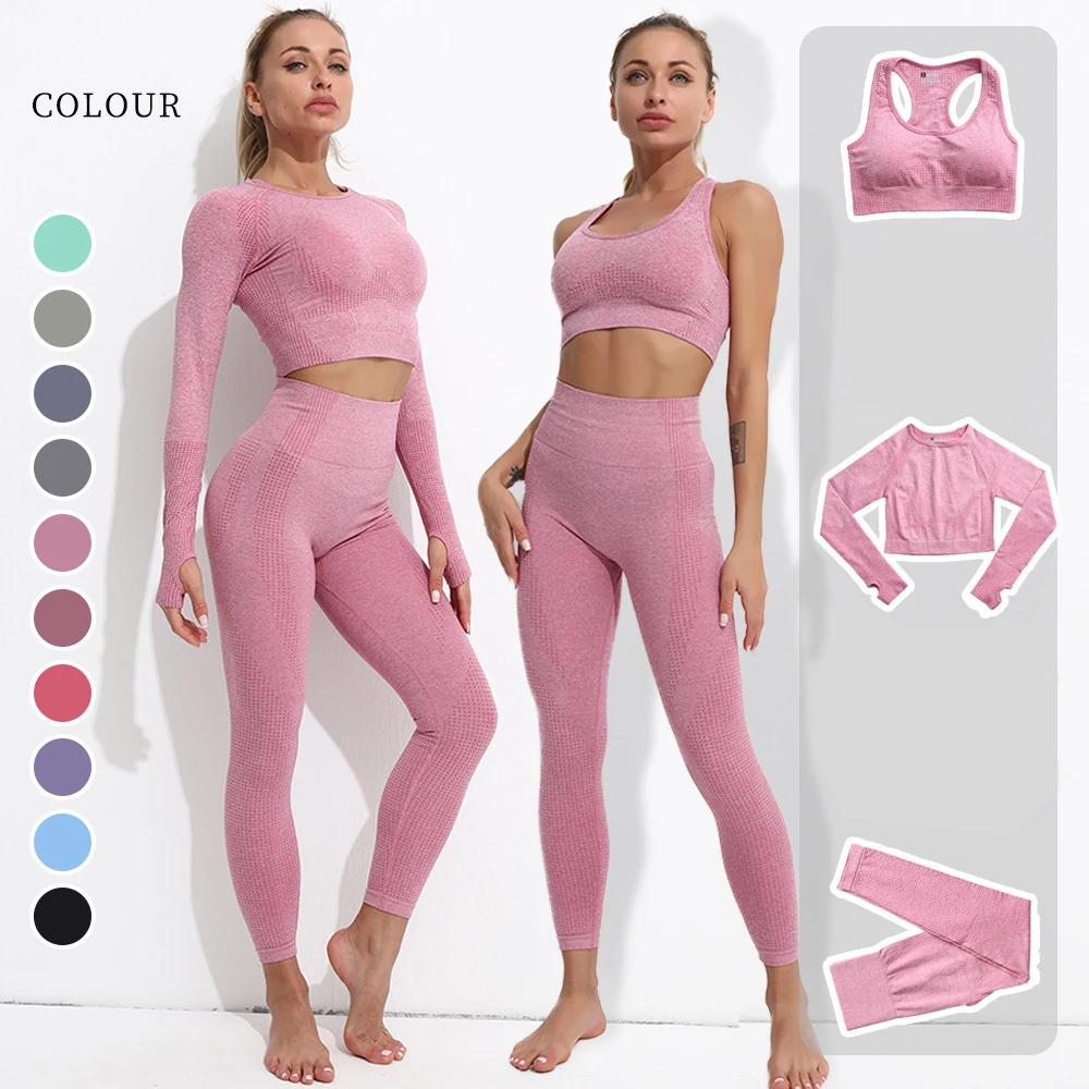 

3pcs Seamless Yoga Set Gym Fitness Clothing Women Yoga Suit Sportswear Female Workout Leggings Top Sport Clothes Training Tights, Gray,black,pink,purple