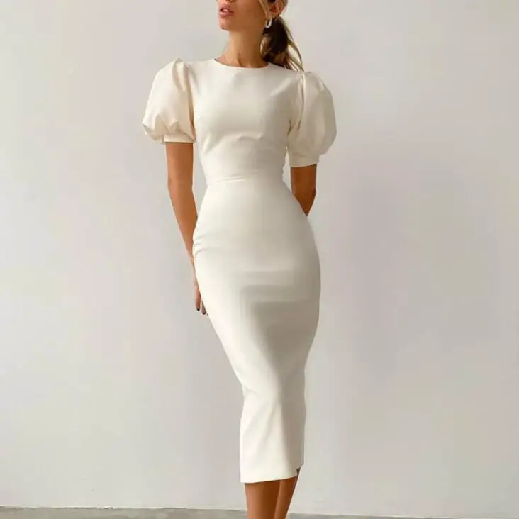 

Solid Elegant Party Women Dress Bodycon Slim Puff Sleeve Midi Pencil Dresses Casual Office Lady Clothing B1612, Can follow customers' requirements