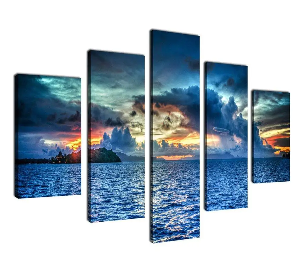 

Painting Unframed 5 Panel Sunset Seascape Scenery Wall Sticker Home Decor Beautiful Oil Printer Modern Abstract Canvas Art