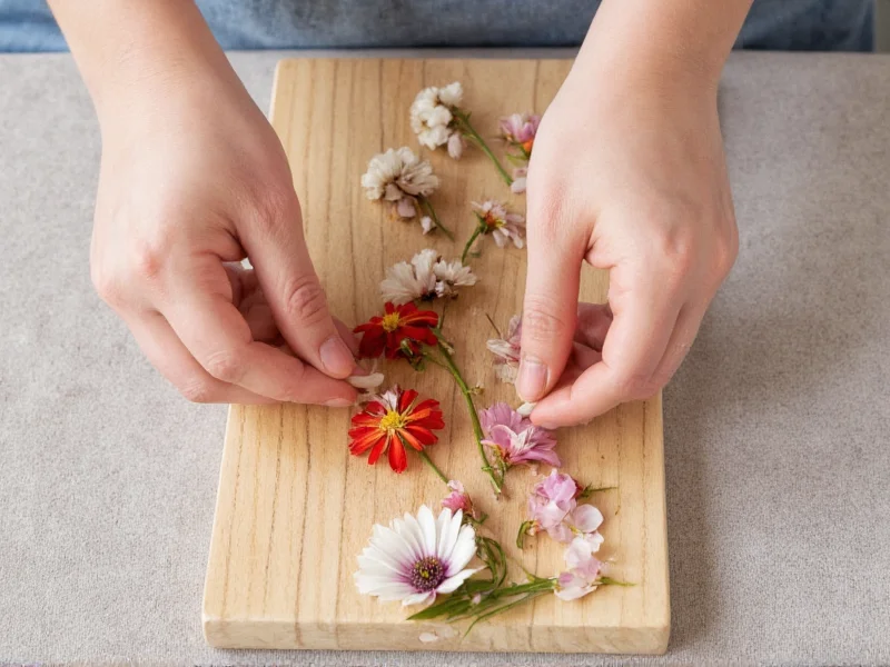 Hand arranging pressed flowers on wooden board