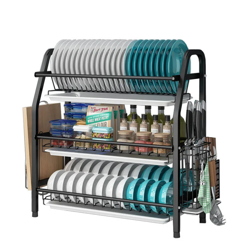 
304 stainless steel 3 layer drainage kitchen dish drying rack with cutlery knife rack 