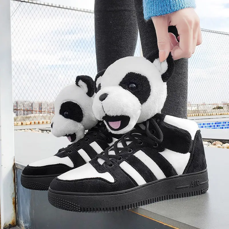 

Winter panda women casual shoes lovers Plush Teddy Bear Plush board shoes for unisex rubber, Balck gray yellow