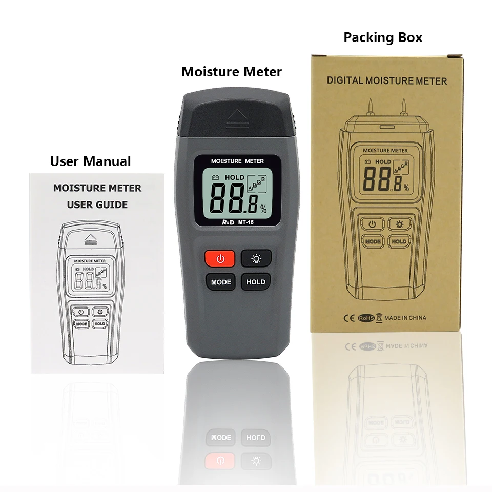 
R&D MT15 Wood Moisture Meter Wood Humidity Tester Hygrometer Timber Damp Detector Tree Density tester ABCD groups with backlight 