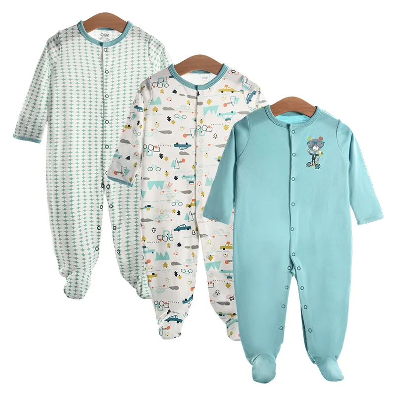 

3-pack cotton long sleeve romper fit footed 100% cotton pajamas for baby kids toddler newborn to 12 months, Multi color