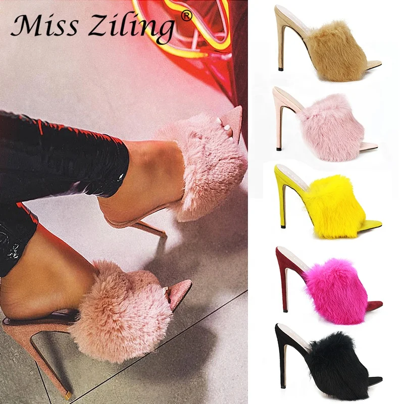 

Women Shoes New Arrivals 2020 Pointed Open Toe High Heels Furry Slippers Stilettos Ladies Summer Sandals Sexy Heels For Women, Apricot;black;rose red;yellow;pink