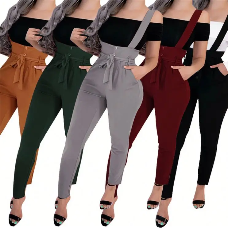 

0120M072 hot sale long sleeve crop top wide leg suspender trouser solid color sexy women pants casual
