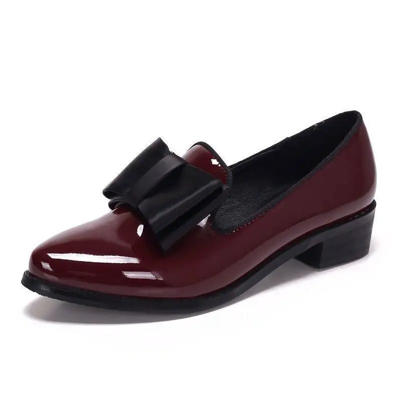 

2021 New Arrival Women's Leather Dress Shoes Flat Pointed Toe Solid Color Bow Square Heel Ladies Formal Work Casual Shoes
