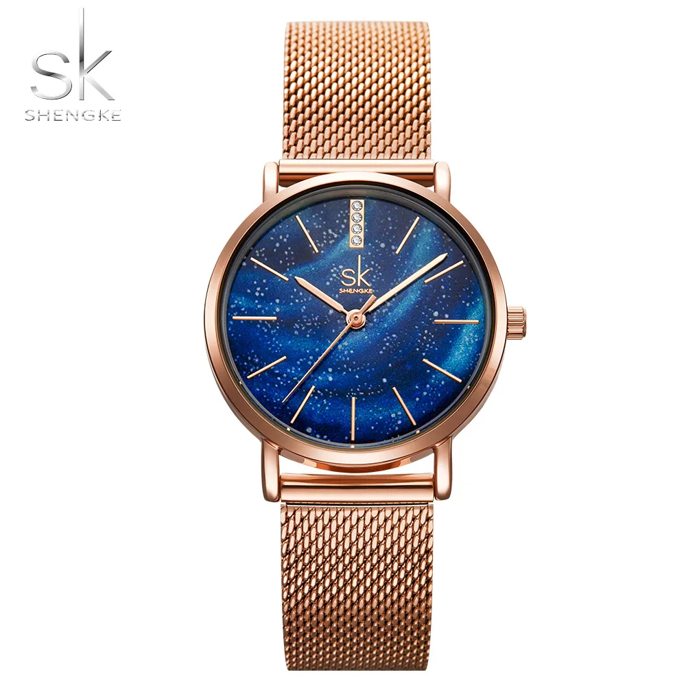 

SHENGKE Elegant Lady Wristwatch Starry Sky Dial Stainless Steel Milanese Mesh Band Quartz Movement K0103L, Green, blue/support custom