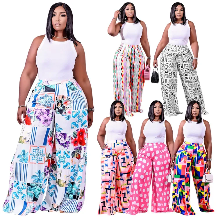 

2021 Hot sale fashion printing loose women's pants & trousers Colorful Casual long Wide Leg Pants women's trousers & pants