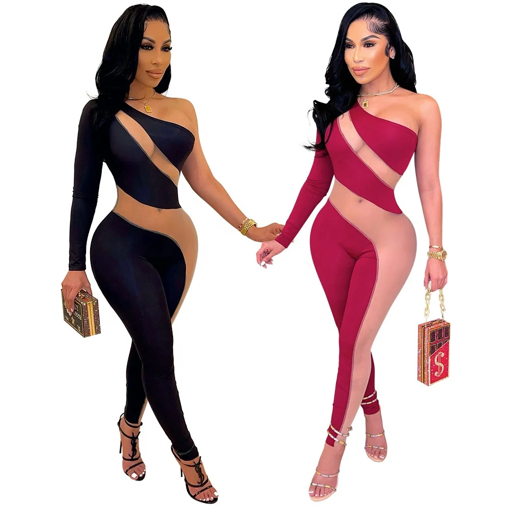 

New Trendy Fitness Sloping Shoulder Perspective Women One Piece Jumpsuits Long Sleeve Bodysuit Sexy Jumpsuits For Women