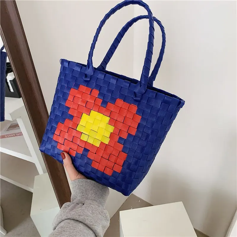 

2021 Brand Logo Printed Handmade Woven Plaid Shopping Bags for Women Designed Patchwork Charity Version Handbag Luxury Beach Bag