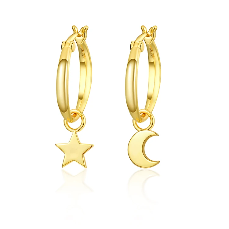 

Gold Plated Sterling Silver Minimalist Hoop Earrings Star Crescent Charm Earring Set Women