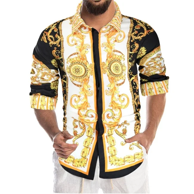 

Shirt Men New Luxury Royal Gold Print Long Sleeve Plus Size Clothes For Men's Fashion Dress Shirts Button Casual Slim Fit Top