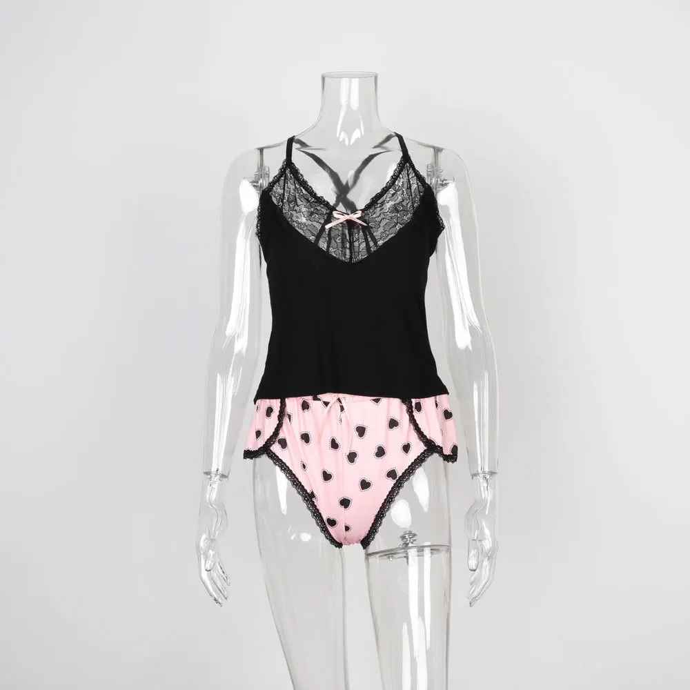 

Sleeveless Lace Cotton Sleepwear Women Cotton Pajama Set, Picture shows