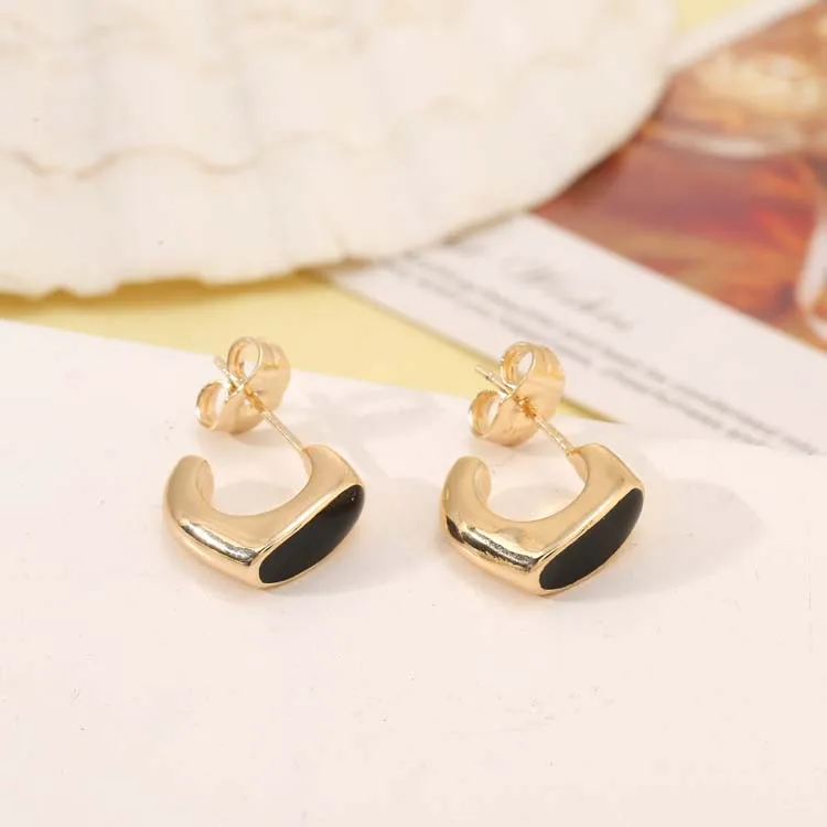 14K Gold Plated Black Enamel Personality Korean Fashion Stud Earrings Jewelry