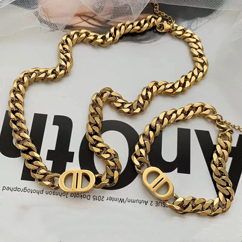 

Wholesale Gold Plated Chunky Necklace Trendy Hiphop Vintage Cuban Link Chain D Letter Necklace, Picture shows