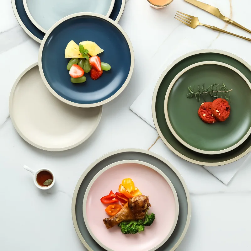 

European Nordic Dining Handmade Morandi Color Matte 8 Inches Porcelain Steak Plates, Luxury Ceramic Shallow plates