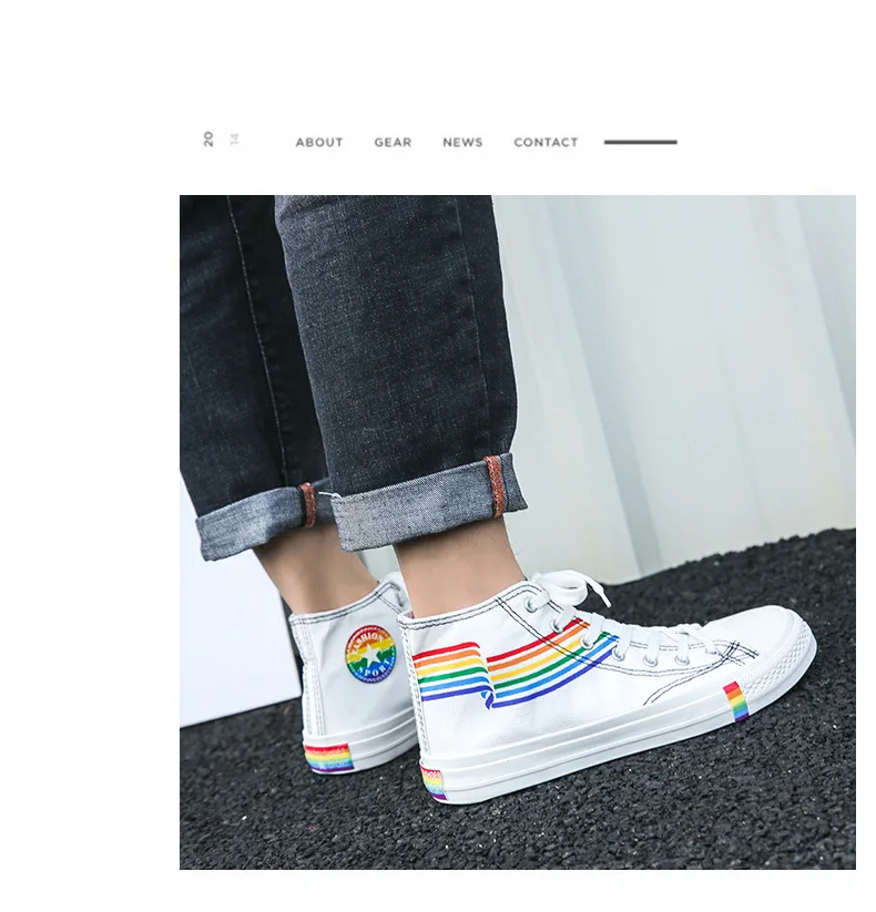 

Men fashion sneakers rainbow print high upper ankle men girl student youth outdoor street school sports canvas board shoes, White,black