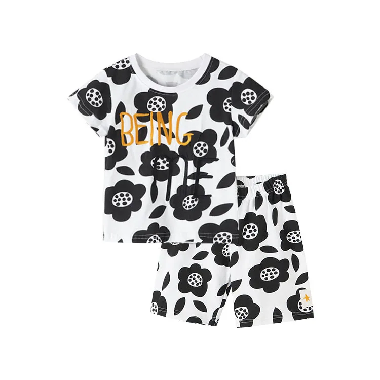 

Low MOQ Custom Pijama Little Black Flowers With Embroidered Letters Short Sleeve Set for Little Girl Sleepwear Set, White, or customized color