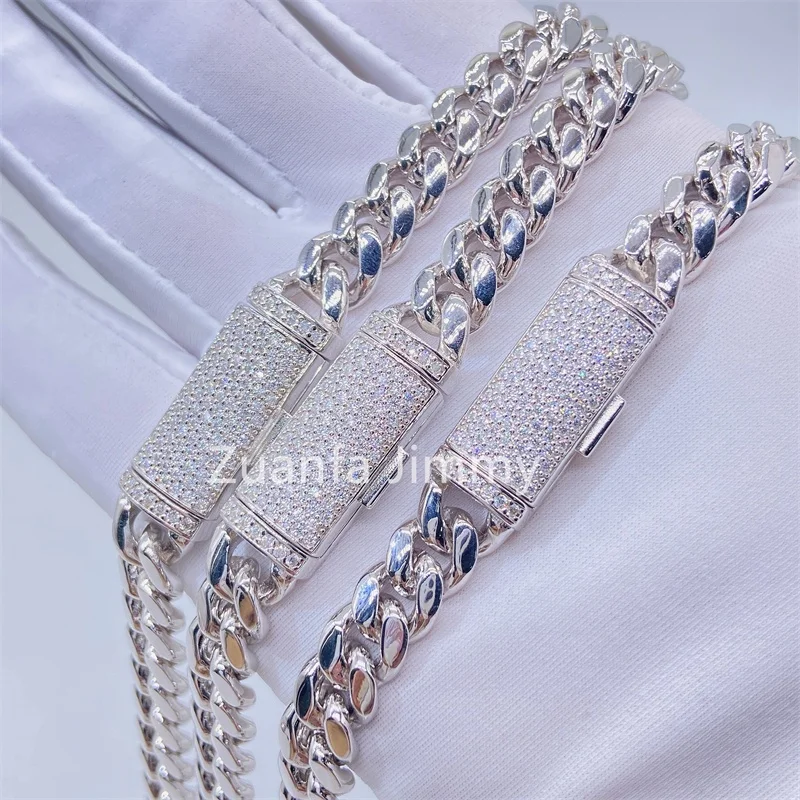 

8mm 10mm 12mm 14mm width stainless steel hip hop style iced out jewelry vvs moissanite clasp cuban link chain
