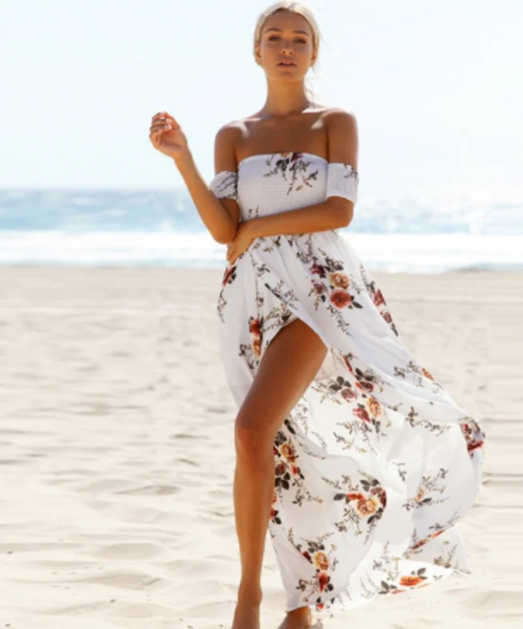 

Women Floral Off The Shoulder Split Chiffon Maxi Beach Dresses Wedding Party