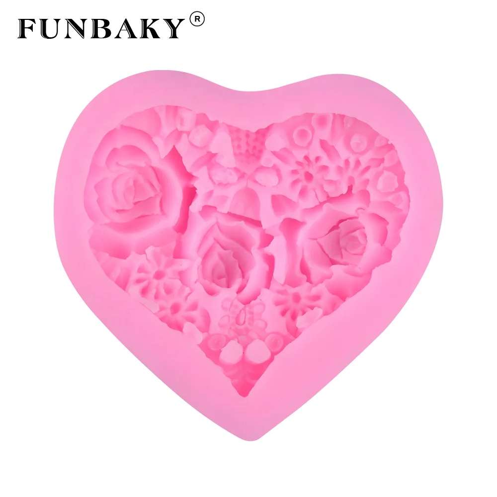 

FUNBAKY JSF121 Valentine's Day heart shape mousse cake mold 3d rose pattern embossed cake silicone molds, Customized color