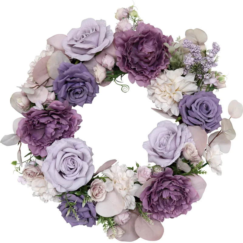 

Floral supplier artificial wreath with purple silk rose flowers for wall wedding decor supplies wholesale rose front door wreath