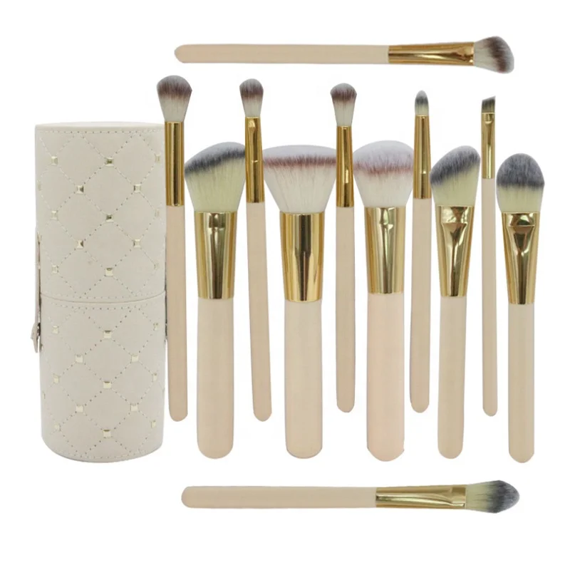 

12pcs Drum packaging makeup brush set professional makeup brush set with wooden handle, Creamy white