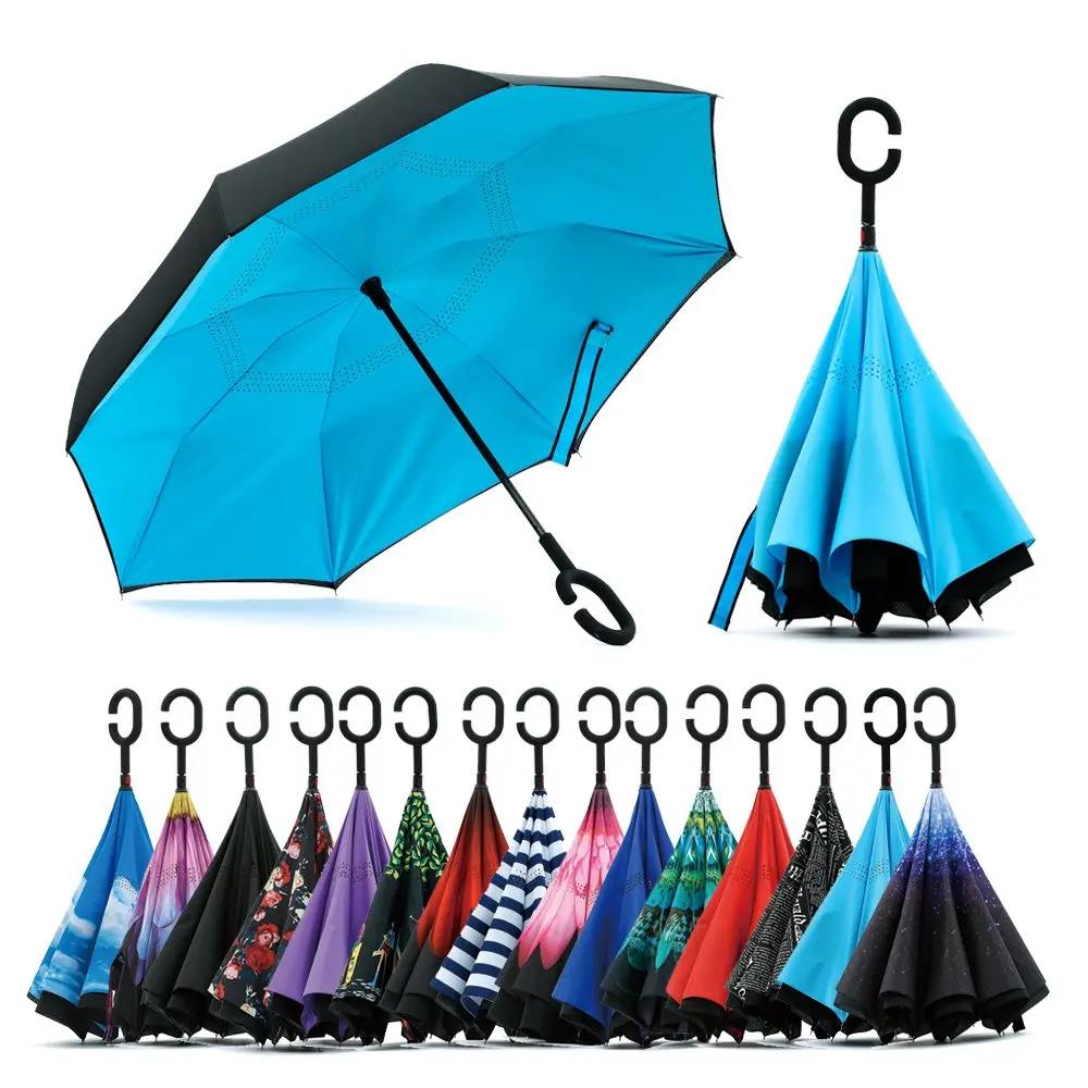 

Wholesale Amazon Custom Logo Printed Double Fabric Windproof C shape Handle Upside Down Inverted Reverse Rain Umbrella for Sale, Customized color