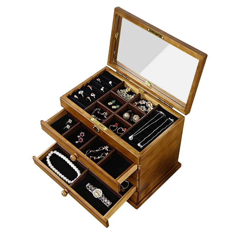 

2021 Hot Sales Brown Solid Wooden Necklace Ring Retro Jewelry Box For Dressing