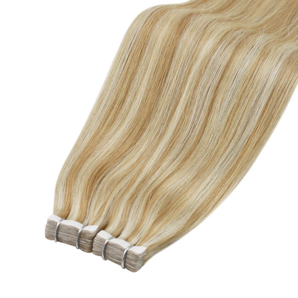 

Moresoo 613 Honey Blonde Highlighted With Bleach Blonde Supply Natural machine weft invisible tape in human hair extensions, #14/613