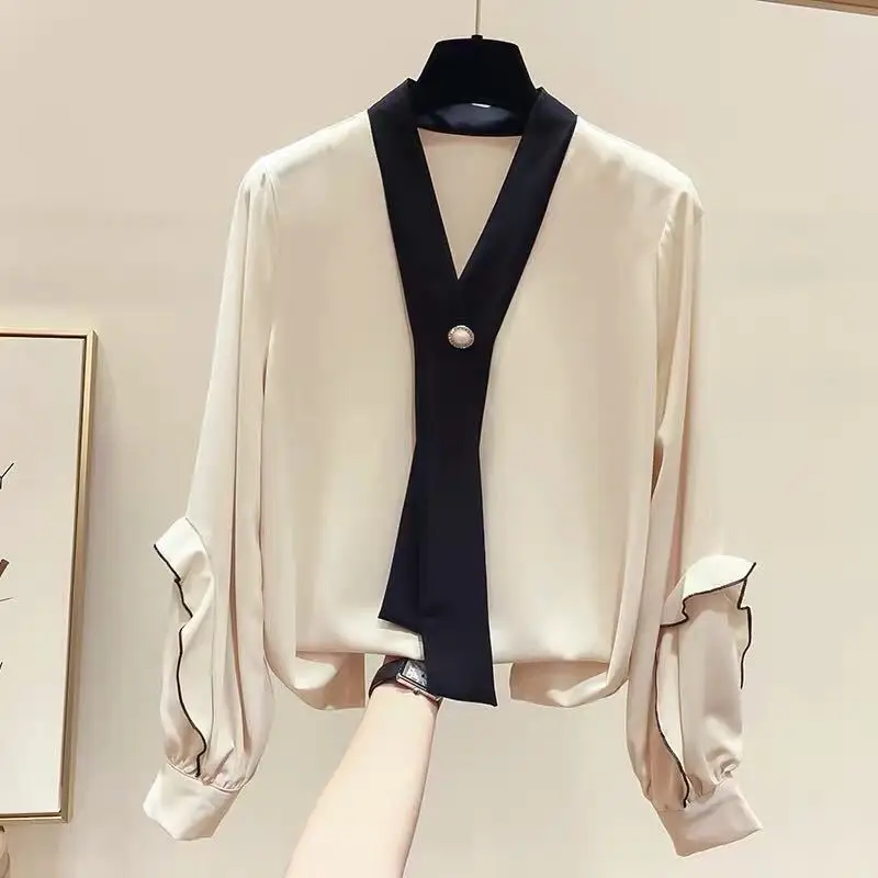 

Spring and Fall Korean Fashion Show Thin V Tie with Sleeve Sleeve Long Sleeve Chiffon Shirt