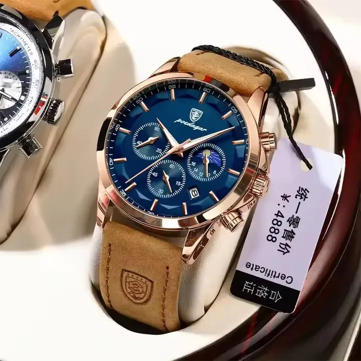 Poedagar 928 Top New Waterproof Men Watch Leather Brown Rose Gold Men's Wristwatch Luminous Time Chronograph Men Wrist Watches