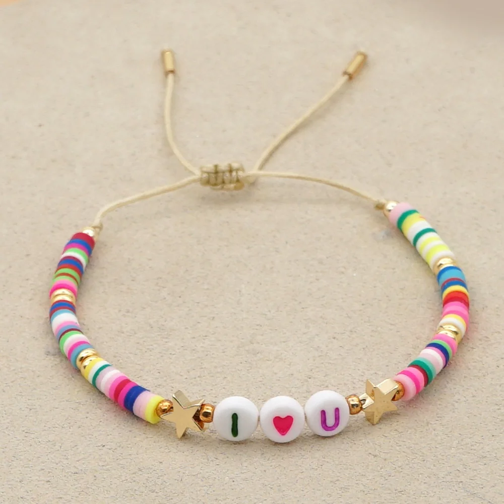 

Wholesale Rainbow Polymer Clay Jewelry Letter Bracelet With Star hand string Clay Bracelet for women, Mixed color