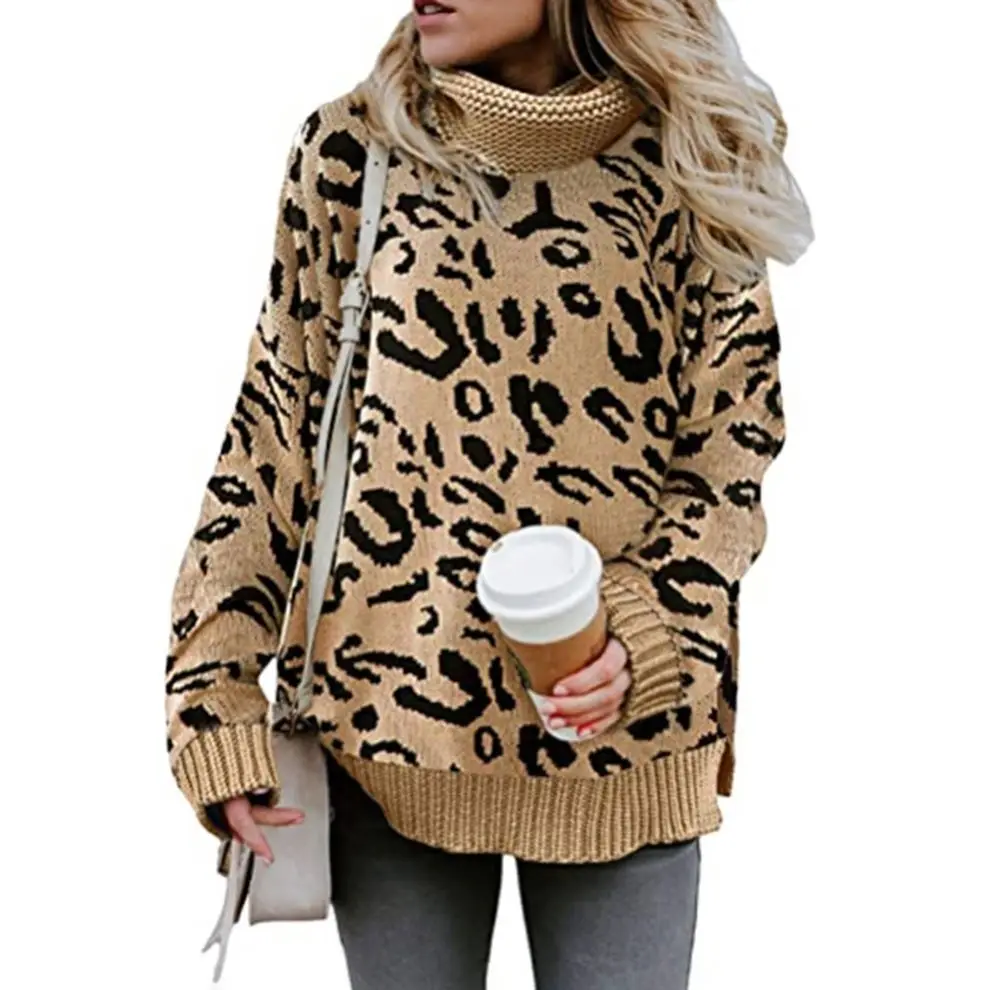 

Women Autumn Loose Casual Tops Leopard Knitted Turtleneck Sweater, Gray/khaki