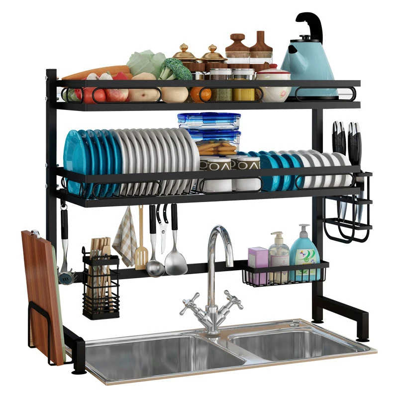 

Standing Design Sink Bowl Drain Rack Stainless Steel Single Layer Expandable Storage Dish Drying Racks Over the Sink, Black