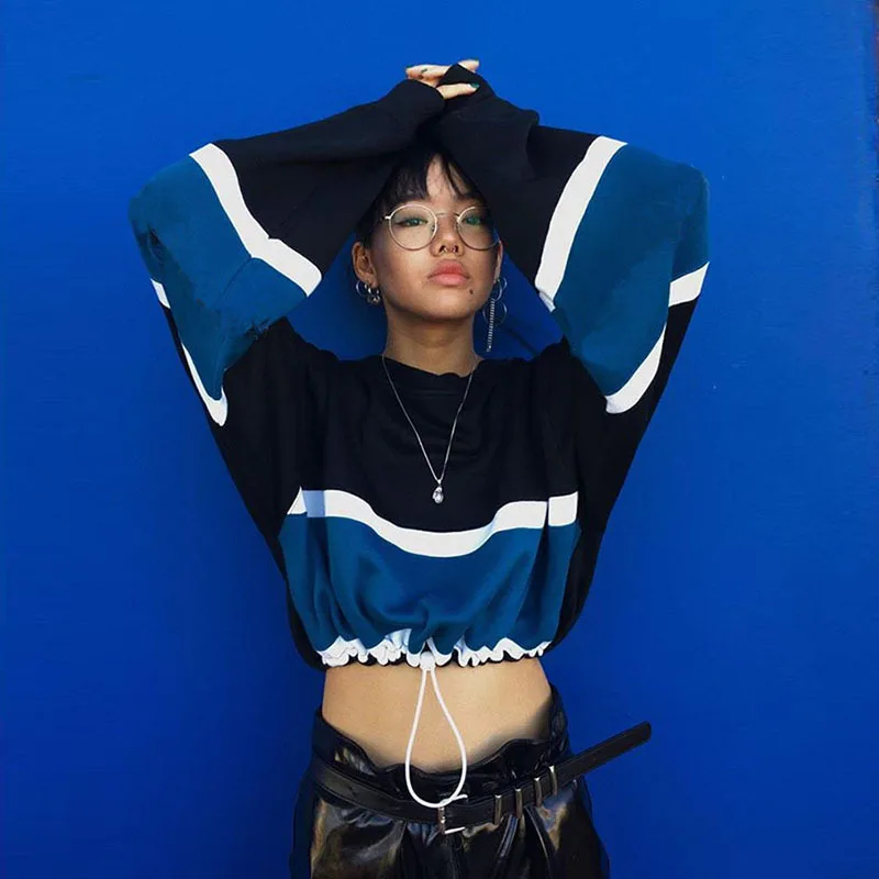 

Macheda Women Fashion Spring Autumn O-Neck Long Sleeve Loose Short Crop Top Sweatshirt 2021 New Casual Patchwork Colour Top