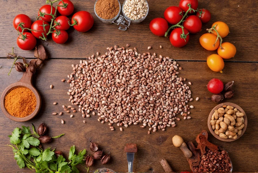 Authentic bean chili recipe ingredients arranged on wooden table with beans, tomatoes, spices, and cooking utensils