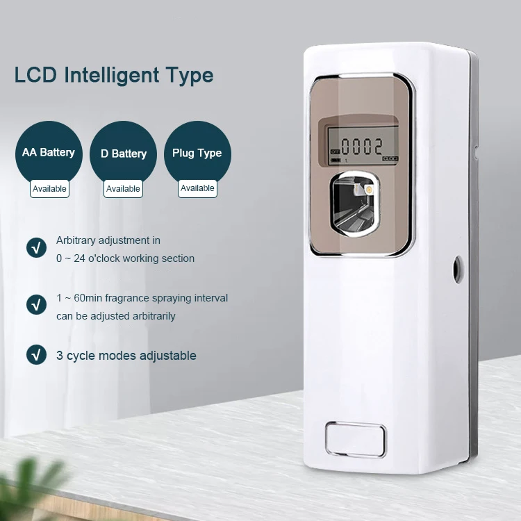 

Hotel wall mounted toilet deodorant battery perfume dispenser LCD digital automatic aerosol dispenser, White