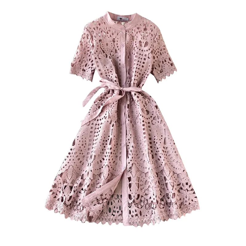 

Women Office Lady Dress Summer New Solid O-Neck Sashes Empire Hollow Out Dresses Slim Sweet Chic Fashion Temperament lace Dress