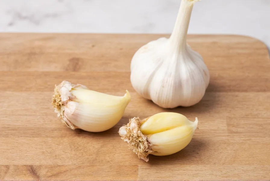 Visual guide showing garlic clove sizes compared to teaspoon measurements