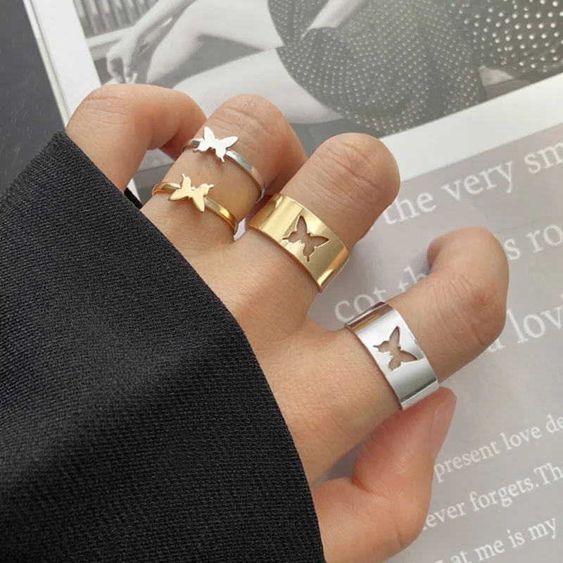 

Trendy Gold Butterfly Rings For Women Men Lover Couple Rings Set Friendship Engagement Wedding Open Rings 2021 Jewelry