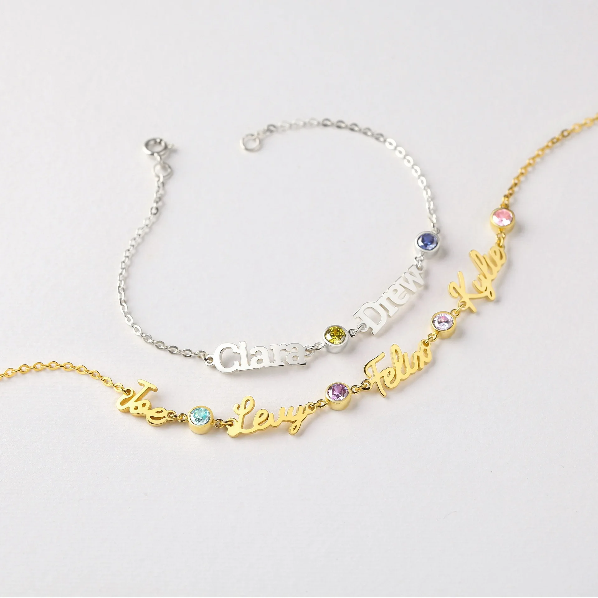 Customized Name Bracelet 12 Months Birthstone Stainless Steel Multiple Name Bracelet for Kids Jewekry Birthday Christmas Gift