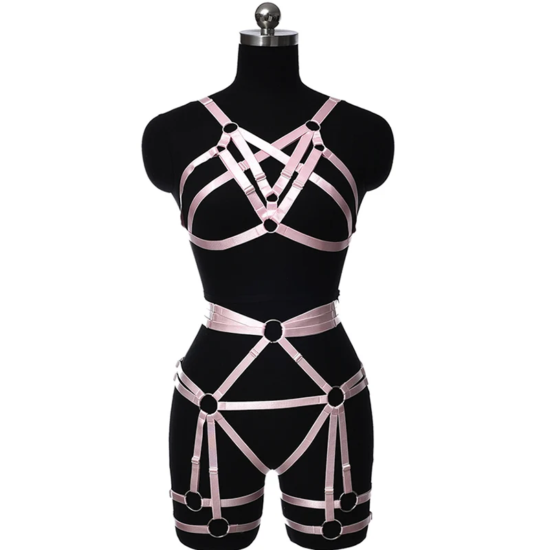 

Fashion latest sexy women red polyester Bondage bra and garter belt sets harness bra & brief sets