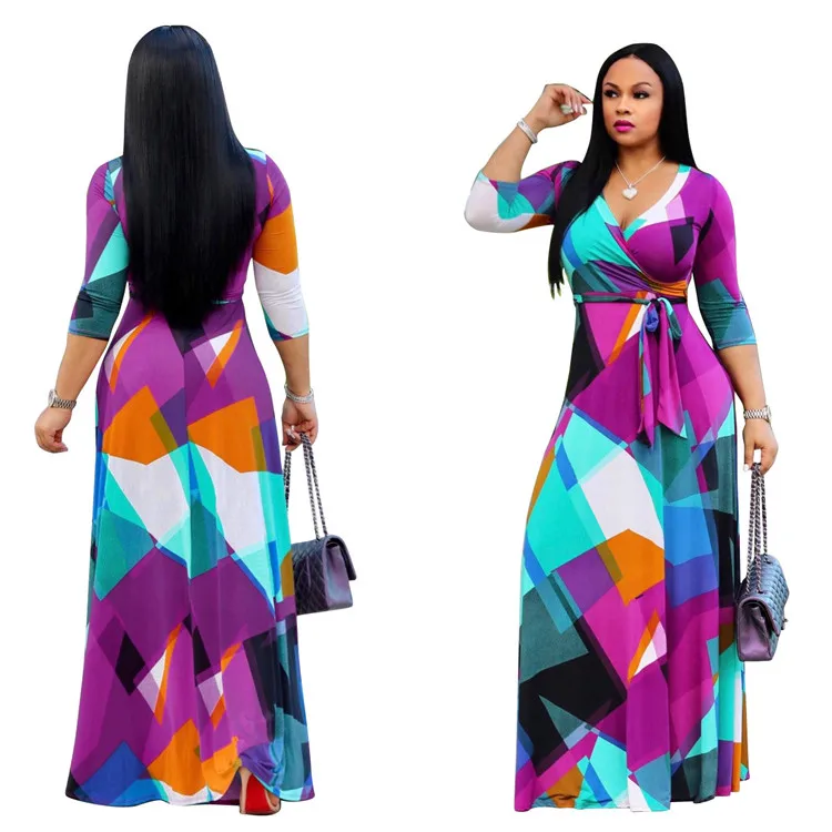 

Floral printed polyester spandex summer boho beach holiday sustainable casual v neck maxi long dresses for plus size women