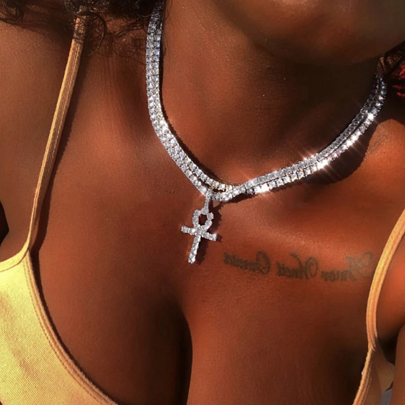 

Fashion Street Hip Hop Jewelry For Men Women Luxury Iced Out Rhinestone Tennis Chain Egypt Ankh Crystal Cross Pendant Necklace, Silver gold color